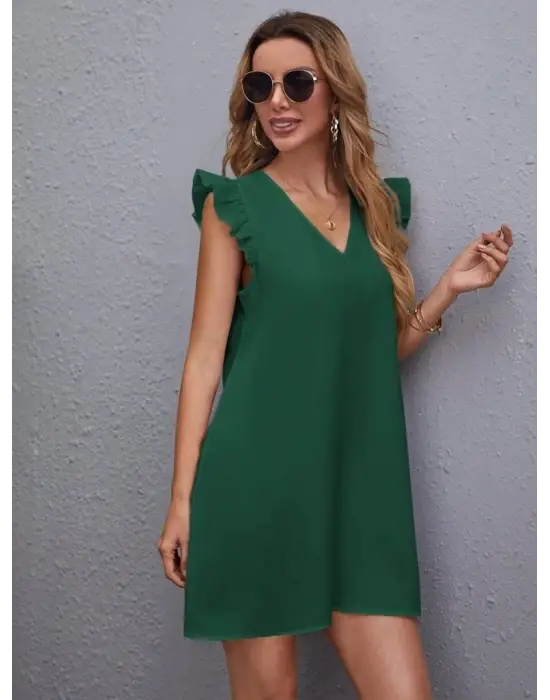 Kadın Kısa Kollu V Yakalı Ithal Krep Elbise