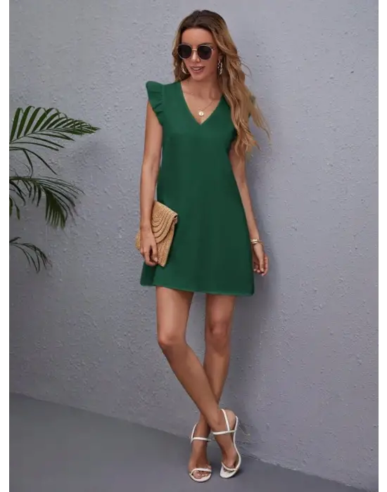 Kadın Kısa Kollu V Yakalı Ithal Krep Elbise