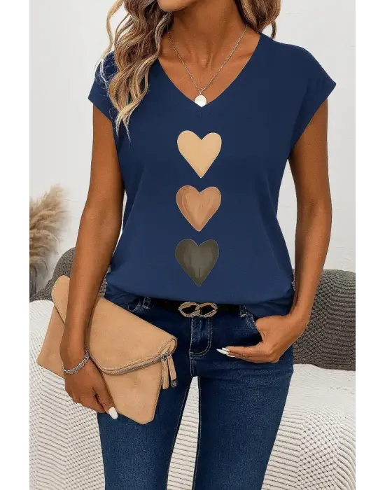Kadın Kısa Kollu V Yakalı Kalp Desen Viskon Bluz