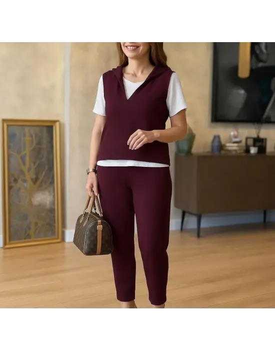 Kadın Kısa Kollu V Yakalı Kapşonlu Viskon Iki Iplik Bluz Ve Pantolon Takım