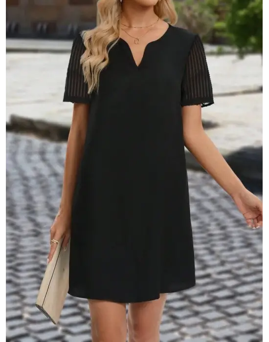 Kadın Kısa Kollu V Yakalı Kısa Janjan Krep Elbise