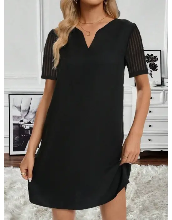 Kadın Kısa Kollu V Yakalı Kısa Janjan Krep Elbise
