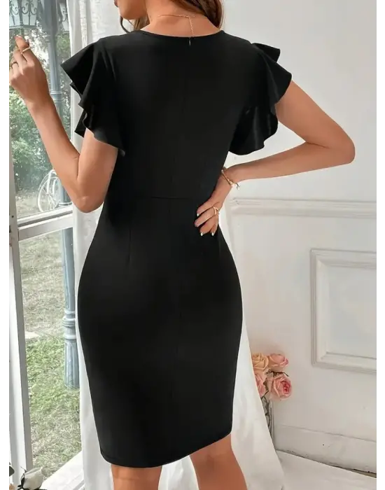 Kadın Kısa Kollu V Yakalı Kolları Volanlı Yandan Yırtmaçlı Kısa Janjan Krep Elbise