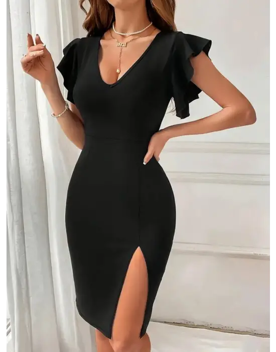 Kadın Kısa Kollu V Yakalı Kolları Volanlı Yandan Yırtmaçlı Kısa Janjan Krep Elbise