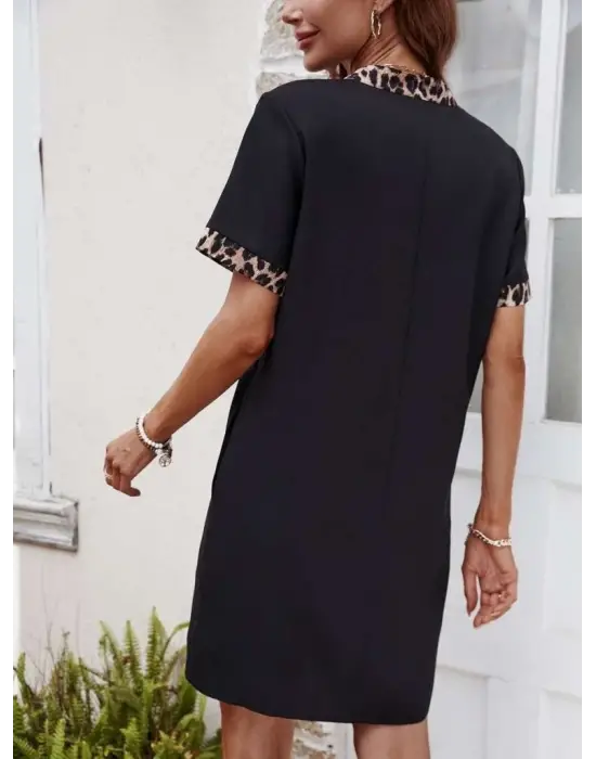 Kadın Kısa Kollu V Yakalı Leopar Desen Detaylı Modal Elbise