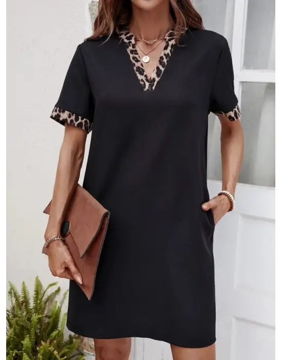 Kadın Kısa Kollu V Yakalı Leopar Desen Detaylı Modal Elbise