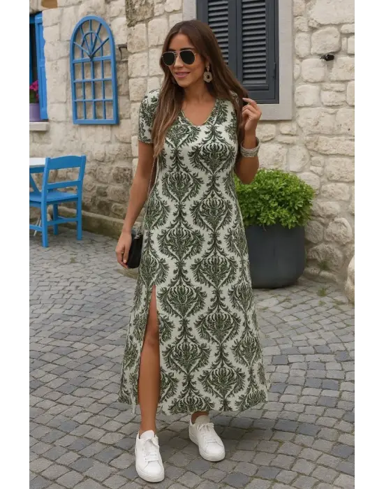 Kadın Kısa Kollu V Yakalı Maksi Boy Viskon Elbise