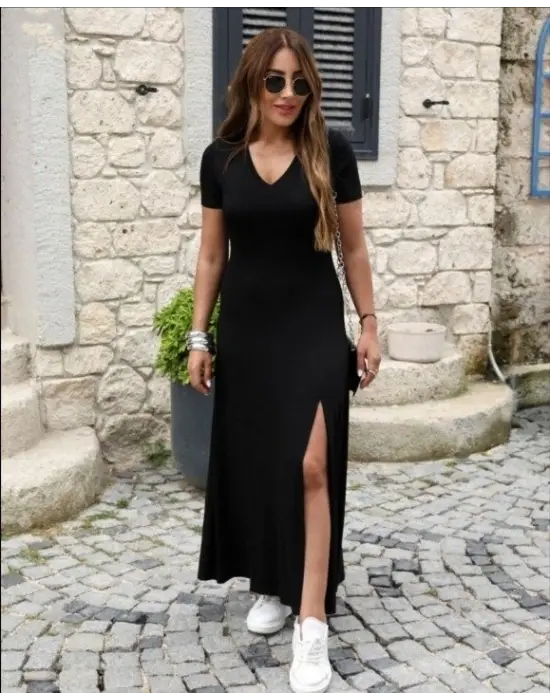 Kadın Kısa Kollu V Yakalı Maksi Boy Viskon Elbise