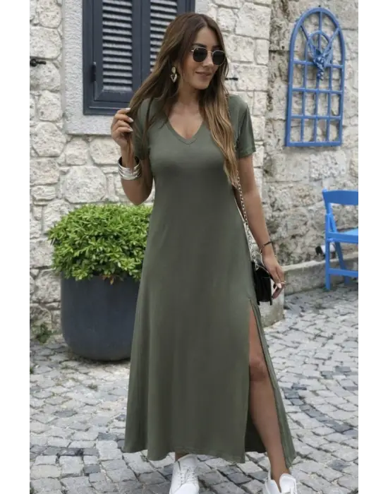 Kadın Kısa Kollu V Yakalı Maksi Boy Viskon Elbise
