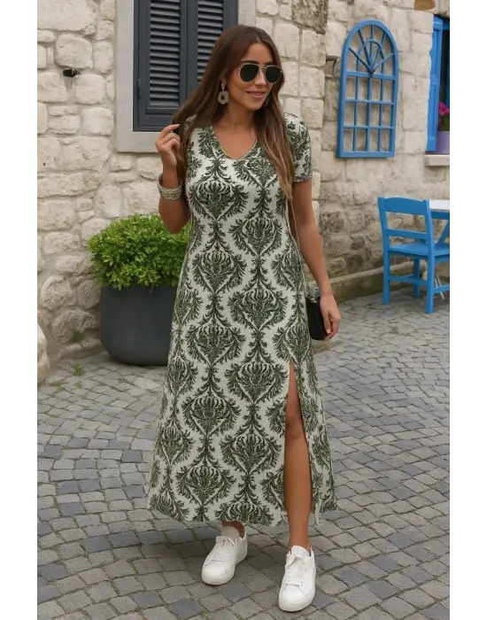 Kadın Kısa Kollu V Yakalı Maksi Boy Viskon Elbise