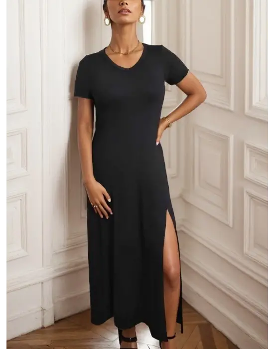 Kadın Kısa Kollu V Yakalı Maksi Boy Viskon Elbise