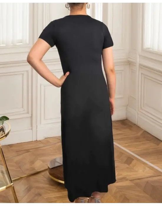 Kadın Kısa Kollu V Yakalı Maksi Boy Viskon Elbise