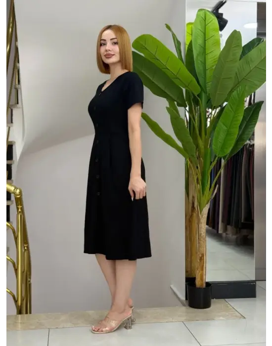 Kadın Kısa Kollu V Yakalı önden Düğmeli A Kesim Dokuma Elbise