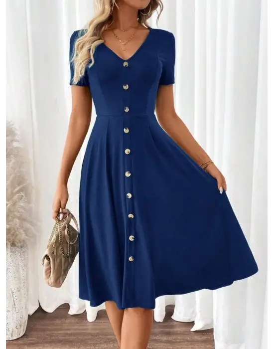 Kadın Kısa Kollu V Yakalı önden Düğmeli A Kesim Dokuma Elbise