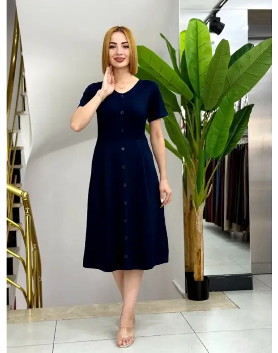 Kadın Kısa Kollu V Yakalı önden Düğmeli A Kesim Dokuma Elbise