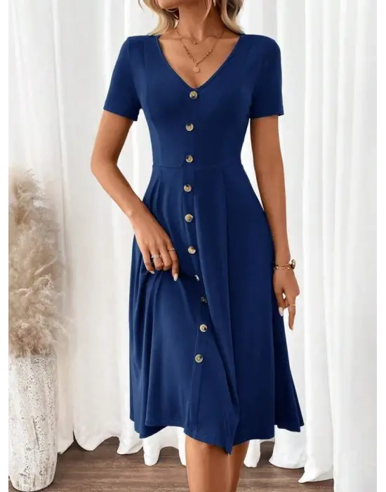 Kadın Kısa Kollu V Yakalı önden Düğmeli A Kesim Dokuma Elbise
