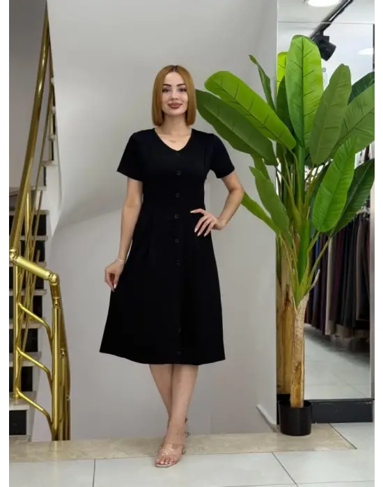 Kadın Kısa Kollu V Yakalı önden Düğmeli A Kesim Dokuma Elbise