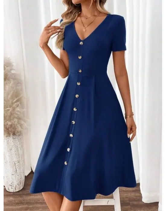Kadın Kısa Kollu V Yakalı önden Düğmeli A Kesim Dokuma Elbise