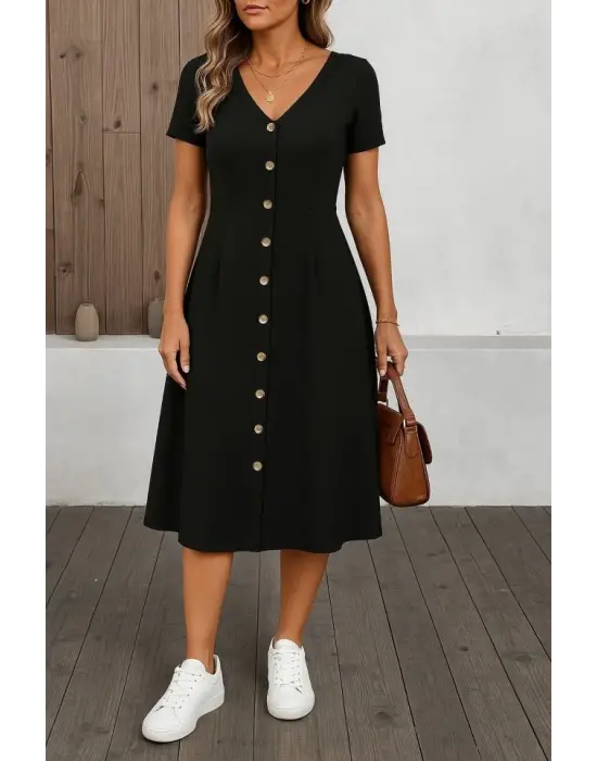 Kadın Kısa Kollu V Yakalı önden Düğmeli A Kesim Dokuma Elbise