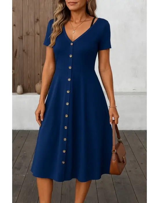 Kadın Kısa Kollu V Yakalı önden Düğmeli A Kesim Dokuma Elbise