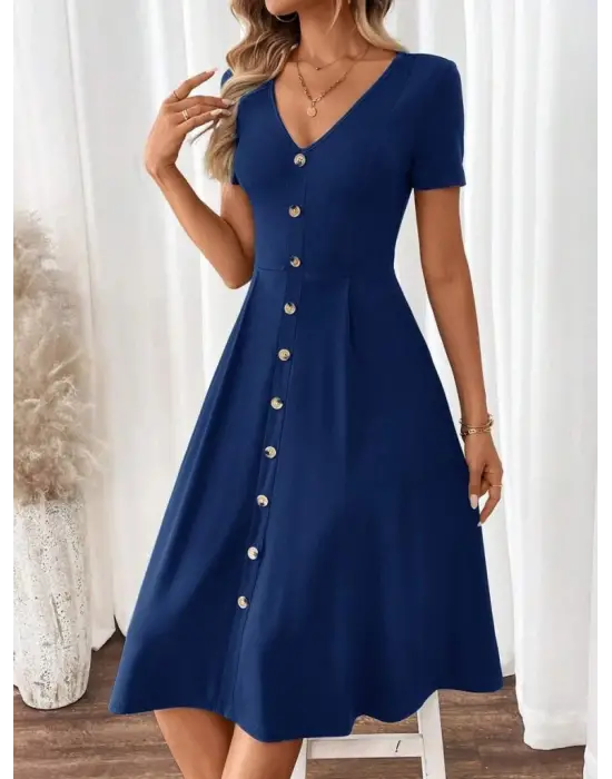 Kadın Kısa Kollu V Yakalı önden Düğmeli A Kesim Dokuma Elbise