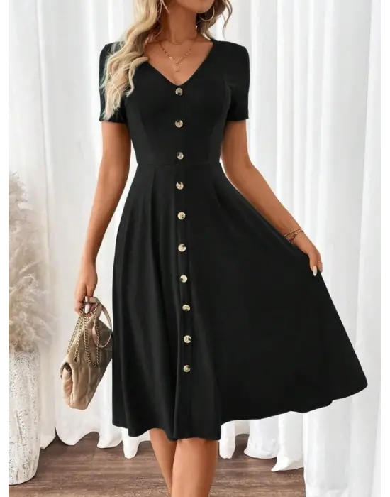 Kadın Kısa Kollu V Yakalı önden Düğmeli A Kesim Dokuma Elbise