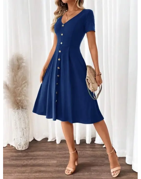 Kadın Kısa Kollu V Yakalı önden Düğmeli A Kesim Dokuma Elbise