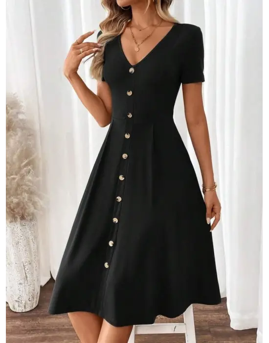 Kadın Kısa Kollu V Yakalı önden Düğmeli A Kesim Dokuma Elbise