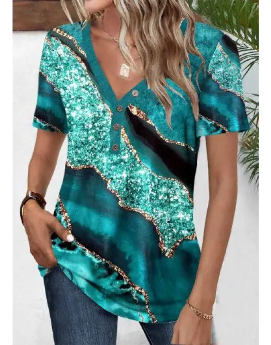 Kadın Kısa Kollu V Yakalı önden Düğmeli Baskılı Süprem Bluz