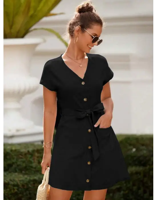 Kadın Kısa Kollu V Yakalı önden Düğmeli Belden Kuşaklı Cepli Sofya Elbise