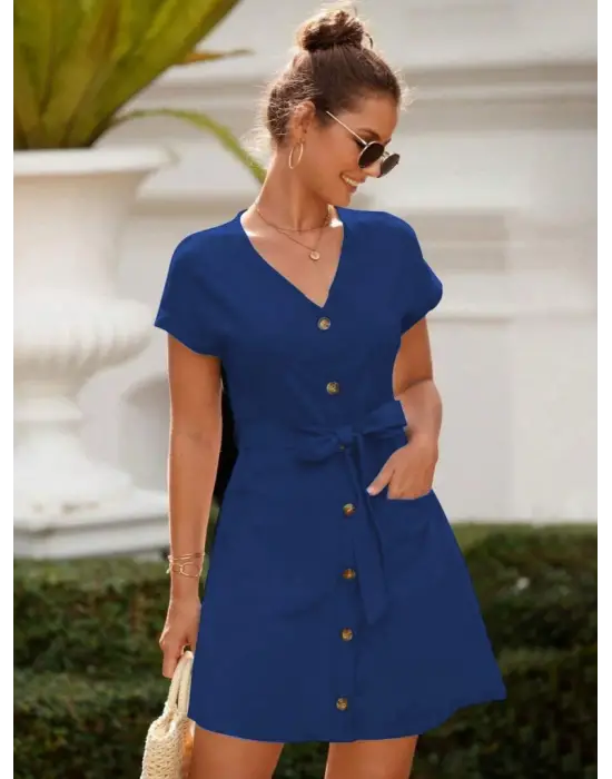 Kadın Kısa Kollu V Yakalı önden Düğmeli Belden Kuşaklı Cepli Sofya Elbise