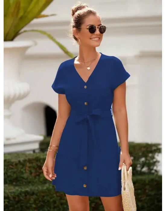 Kadın Kısa Kollu V Yakalı önden Düğmeli Belden Kuşaklı Cepli Sofya Elbise