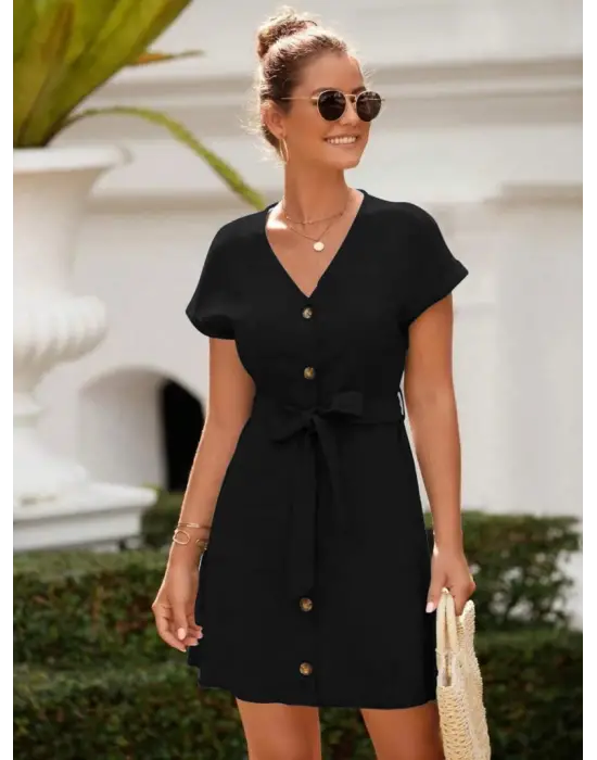 Kadın Kısa Kollu V Yakalı önden Düğmeli Belden Kuşaklı Cepli Sofya Elbise