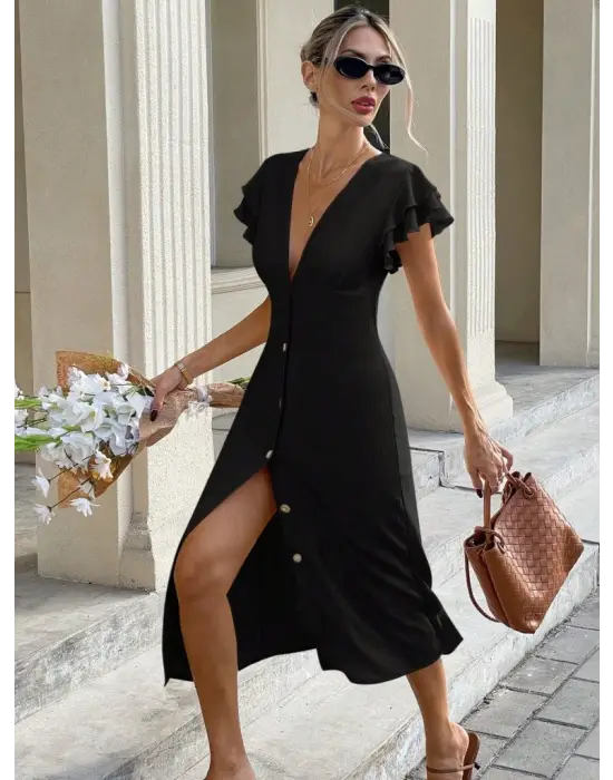 Kadın Kısa Kollu V Yakalı önden Düğmeli Bürümcük Midi Elbise