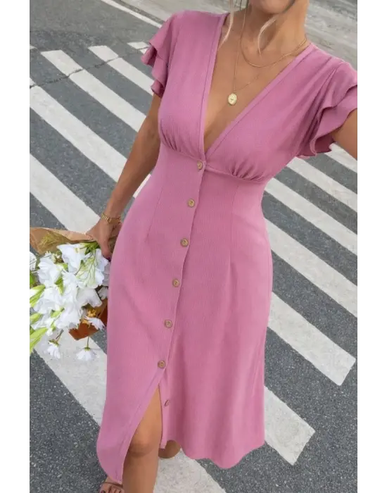 Kadın Kısa Kollu V Yakalı önden Düğmeli Bürümcük Midi Elbise