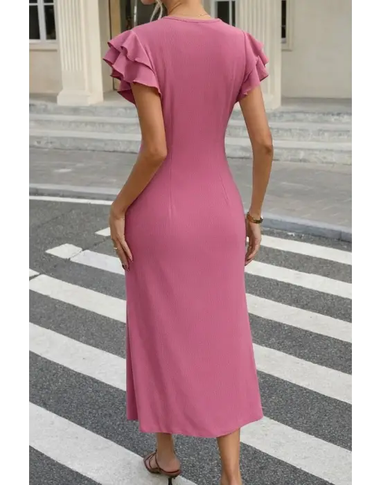 Kadın Kısa Kollu V Yakalı önden Düğmeli Bürümcük Midi Elbise