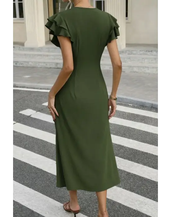 Kadın Kısa Kollu V Yakalı önden Düğmeli Bürümcük Midi Elbise