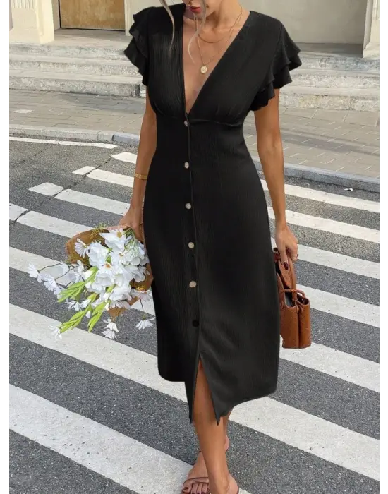 Kadın Kısa Kollu V Yakalı önden Düğmeli Bürümcük Midi Elbise