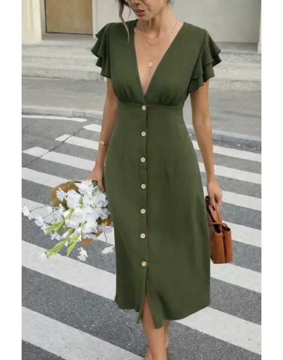 Kadın Kısa Kollu V Yakalı önden Düğmeli Bürümcük Midi Elbise