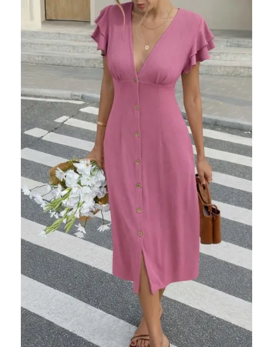 Kadın Kısa Kollu V Yakalı önden Düğmeli Bürümcük Midi Elbise