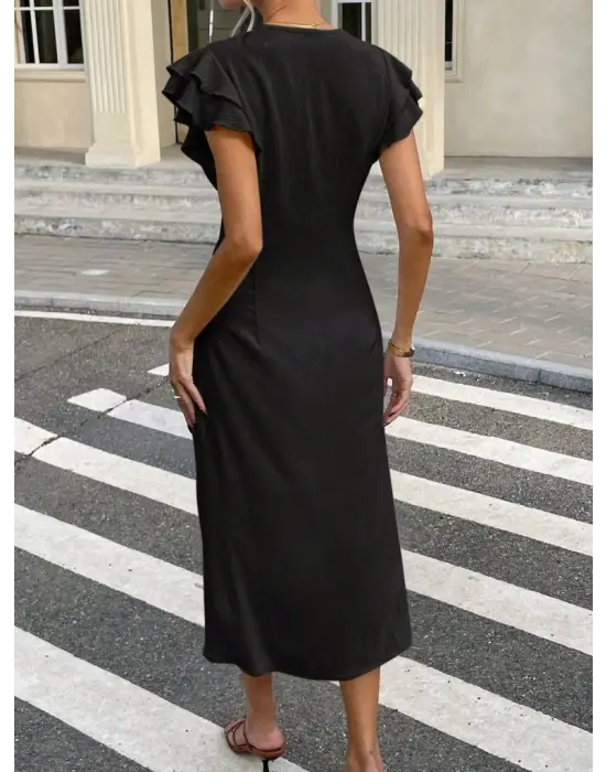 Kadın Kısa Kollu V Yakalı önden Düğmeli Bürümcük Midi Elbise