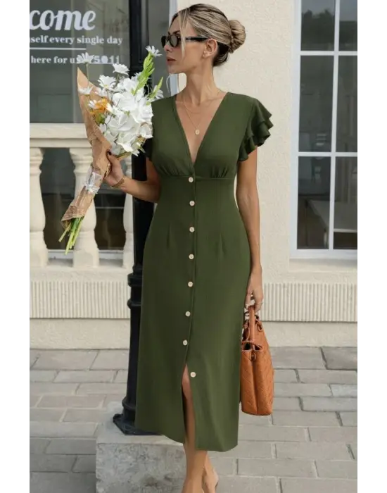 Kadın Kısa Kollu V Yakalı önden Düğmeli Bürümcük Midi Elbise