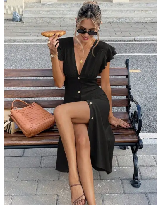 Kadın Kısa Kollu V Yakalı önden Düğmeli Bürümcük Midi Elbise