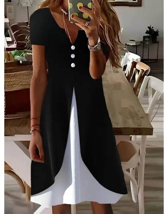 Kadın Kısa Kollu V Yakalı önden Düğmeli çift Renkli Viskon Elbise