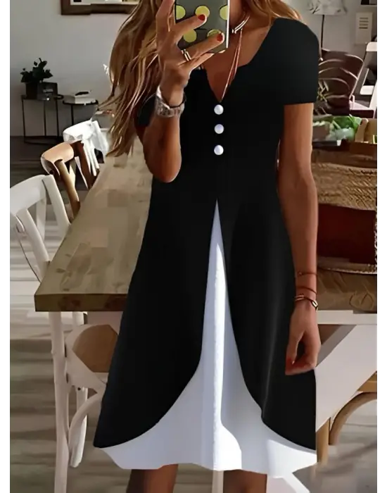 Kadın Kısa Kollu V Yakalı önden Düğmeli çift Renkli Viskon Elbise