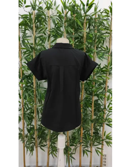 Kadın Kısa Kollu V Yakalı önden Düğmeli Dokuma Gömlek