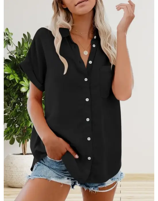Kadın Kısa Kollu V Yakalı önden Düğmeli Dokuma Gömlek