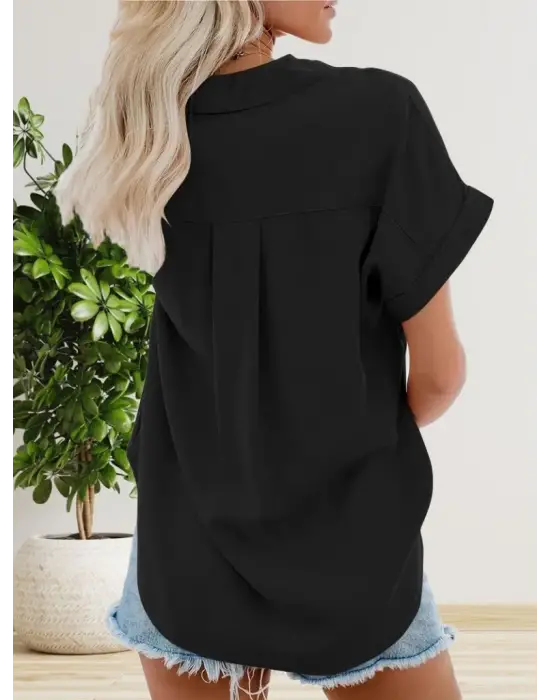 Kadın Kısa Kollu V Yakalı önden Düğmeli Dokuma Gömlek