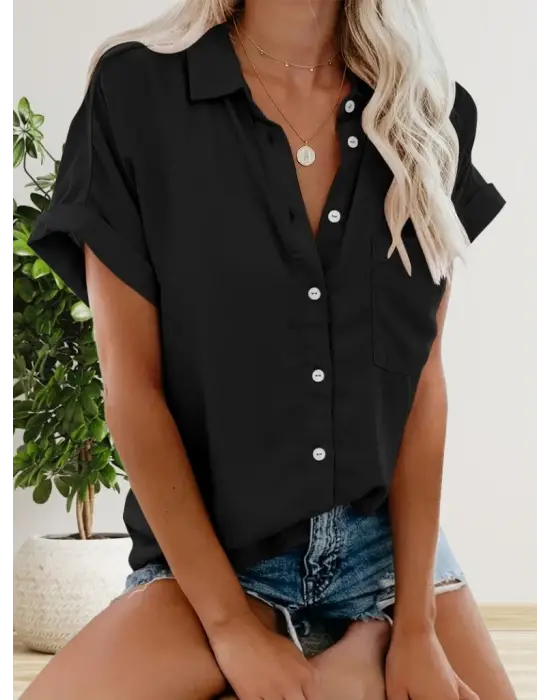 Kadın Kısa Kollu V Yakalı önden Düğmeli Dokuma Gömlek