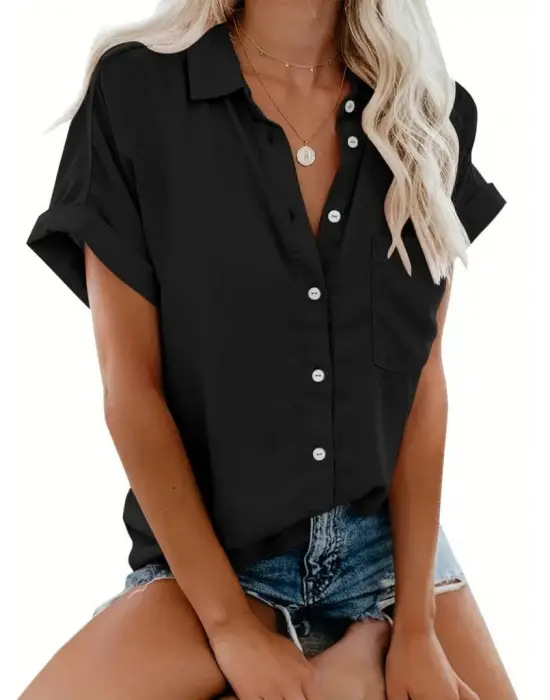 Kadın Kısa Kollu V Yakalı önden Düğmeli Dokuma Gömlek